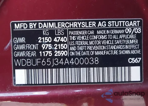 2004 Mercedes-Benz E 320 z USA, uszkodzony, nr VIN WDBUF65J34A400038